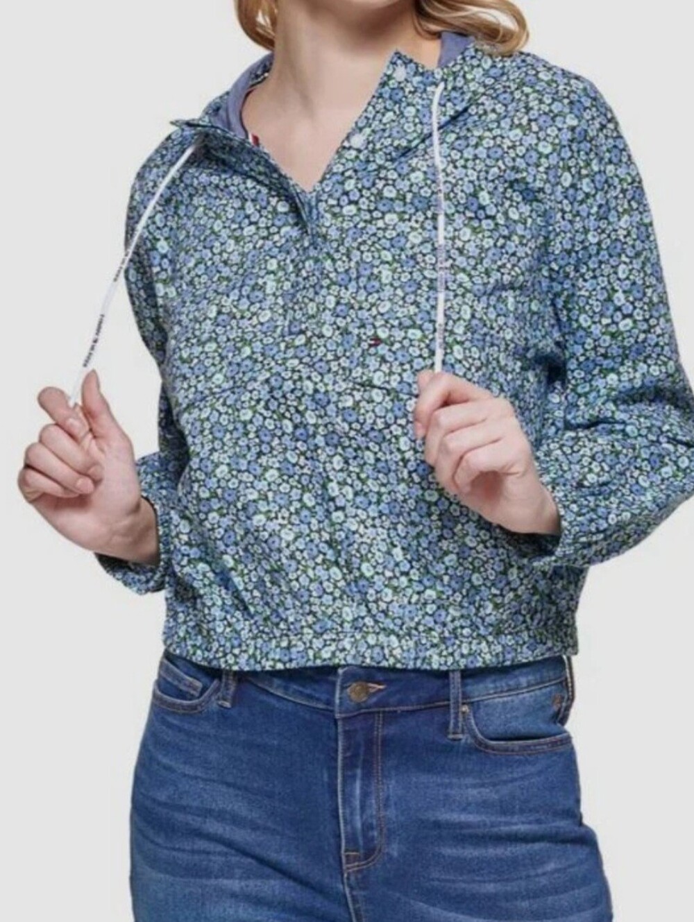 NEW Tommy Hilfiger Blue Floral Cotton Hoodie Pullover Jacket Medium